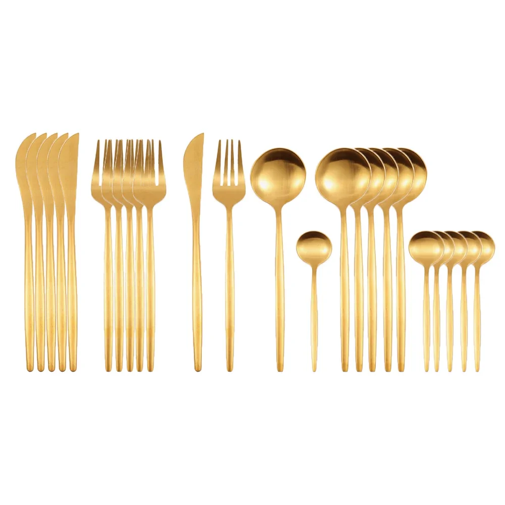 

24Pcs Matte Gold Dinnerware Set 18/10 Stainless Steel Knife Fork Spoon Cutlery Set Kitchen Silverware Flatware Tableware Set