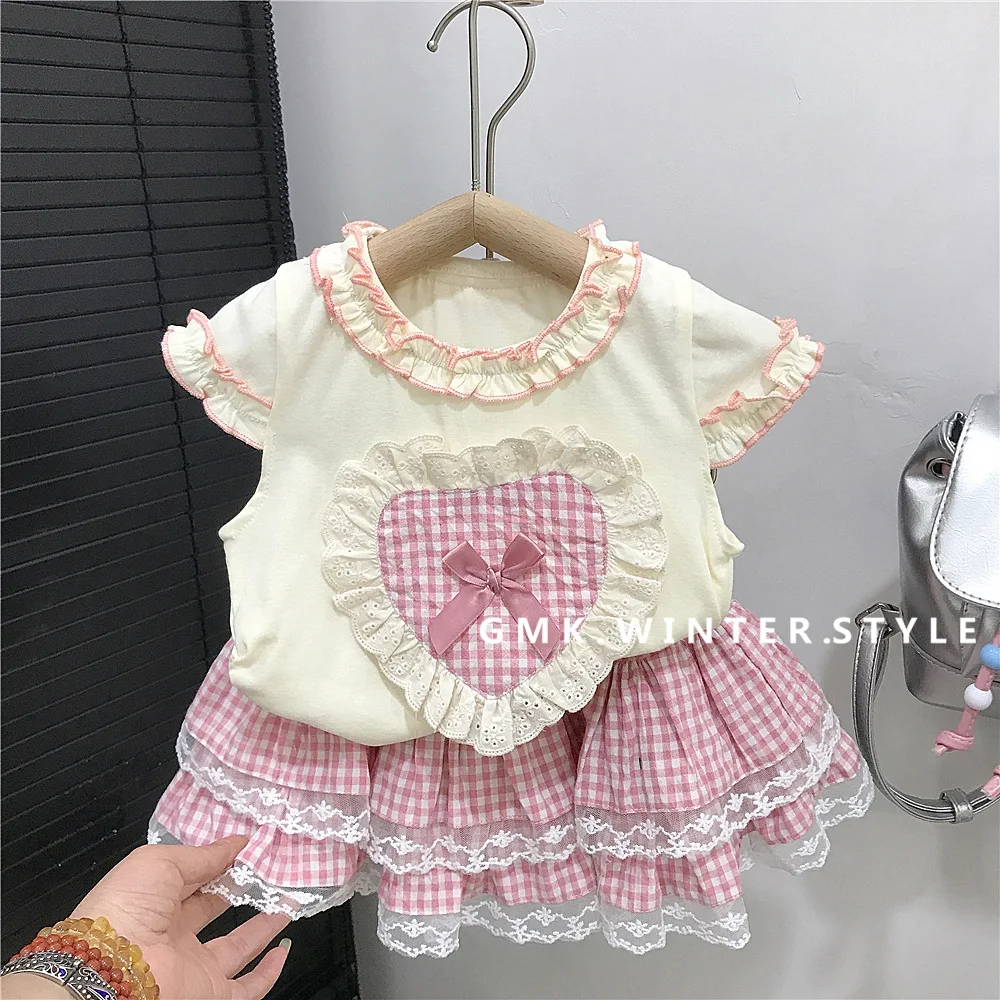 

Girls Summer Set 2025 New Children Ruffled Short Sleeved T-shirt Korean Baby Girls Summer Skirt Two Piece Set