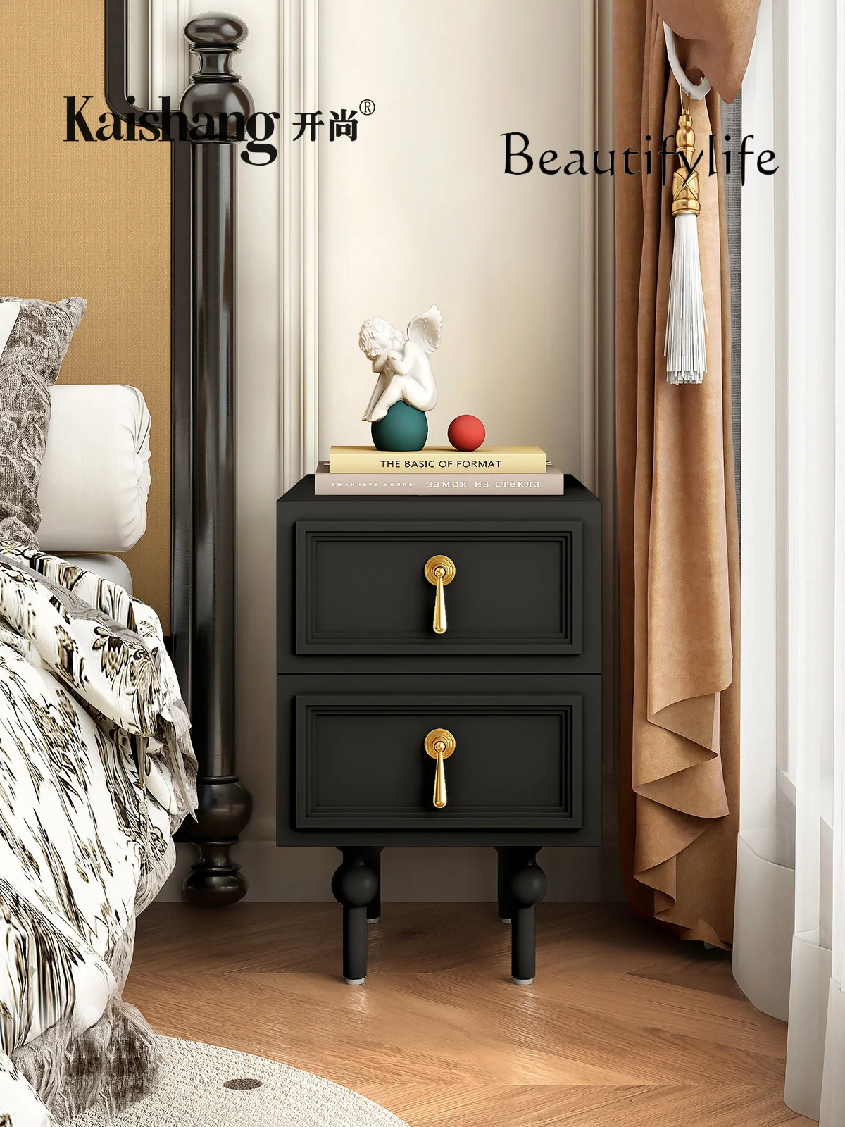 American retro black bedside table modern simple bedroom French bedside table light luxury medieval high-end storage cabinet image 6