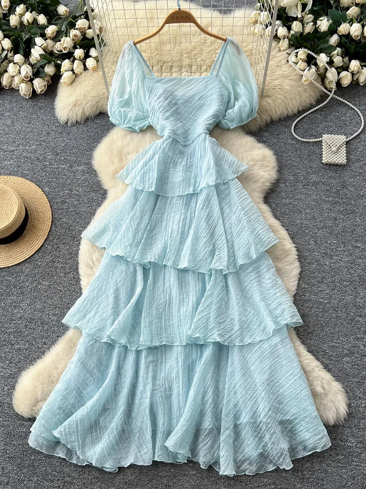 

Новое летнее женское модное платье 2026 года с квадратным вырезом, пышными рукавами, многослойными оборками, в стиле пэчворк, однотонное, длинное, в стиле «торт»