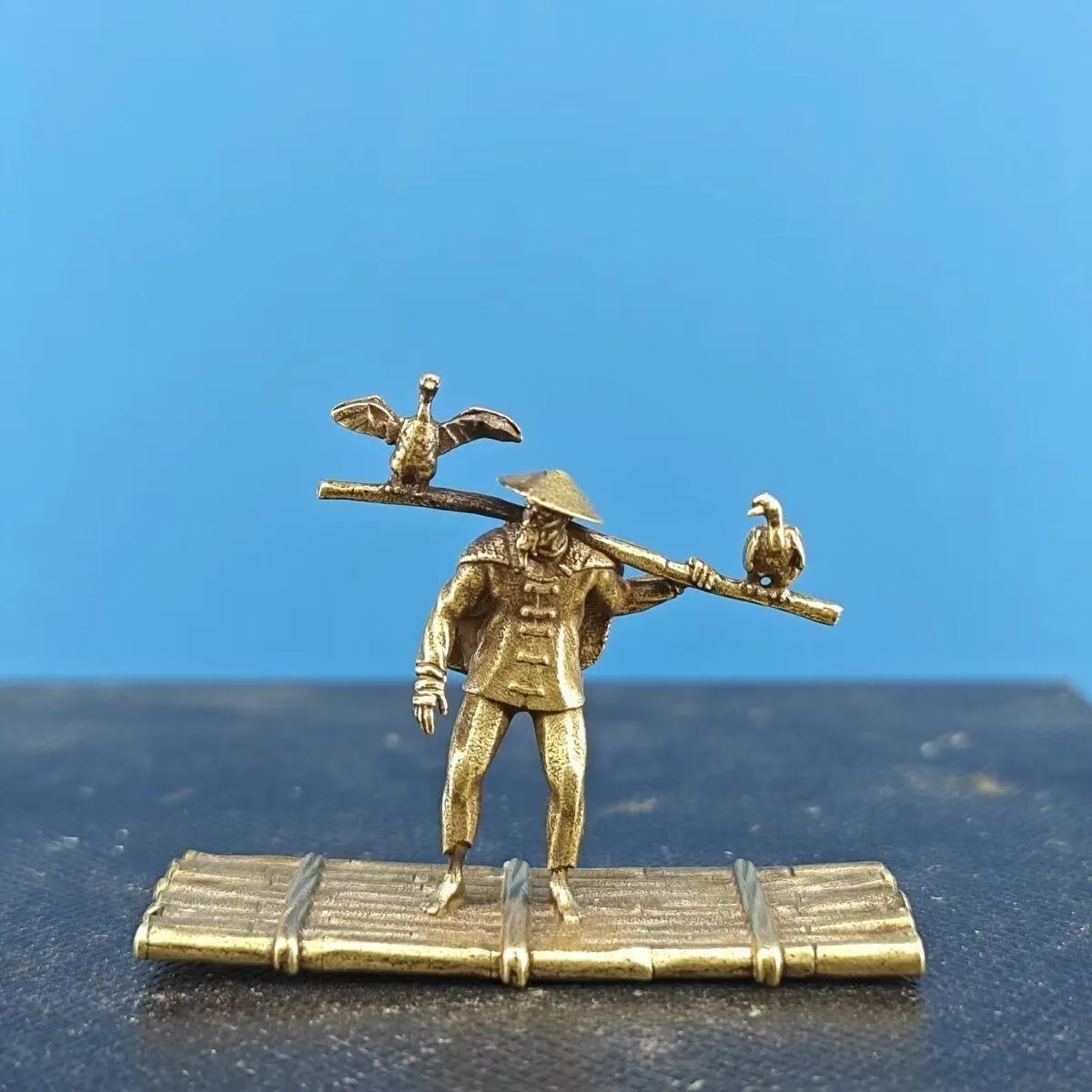 Pure copper bamboo raft fishing man cormorant micro landscape decoration