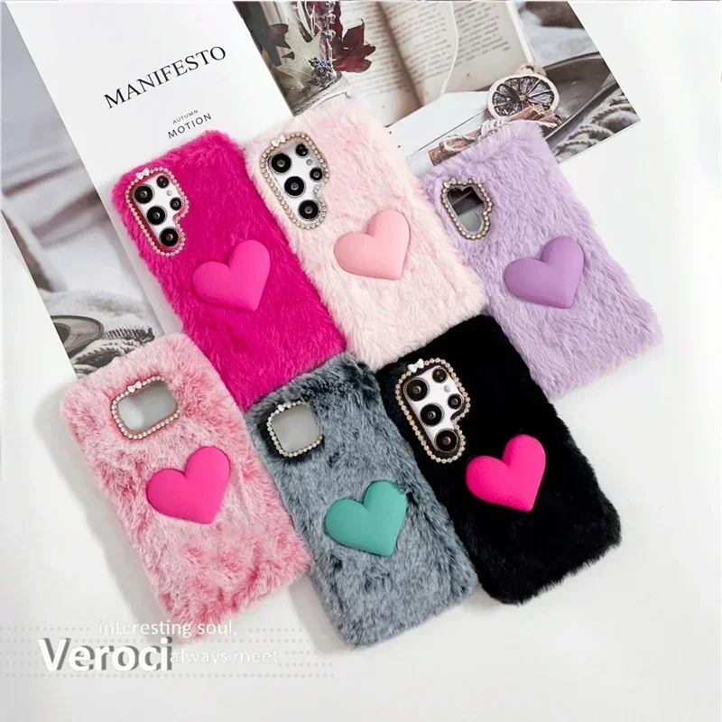 Custodia per telefono in pelliccia soffice con cuore d'amore 3D per Samsung galaxy S8 S9 S10 Plus S10E Note 8 9 10 Lite Cover morbida colorata calda