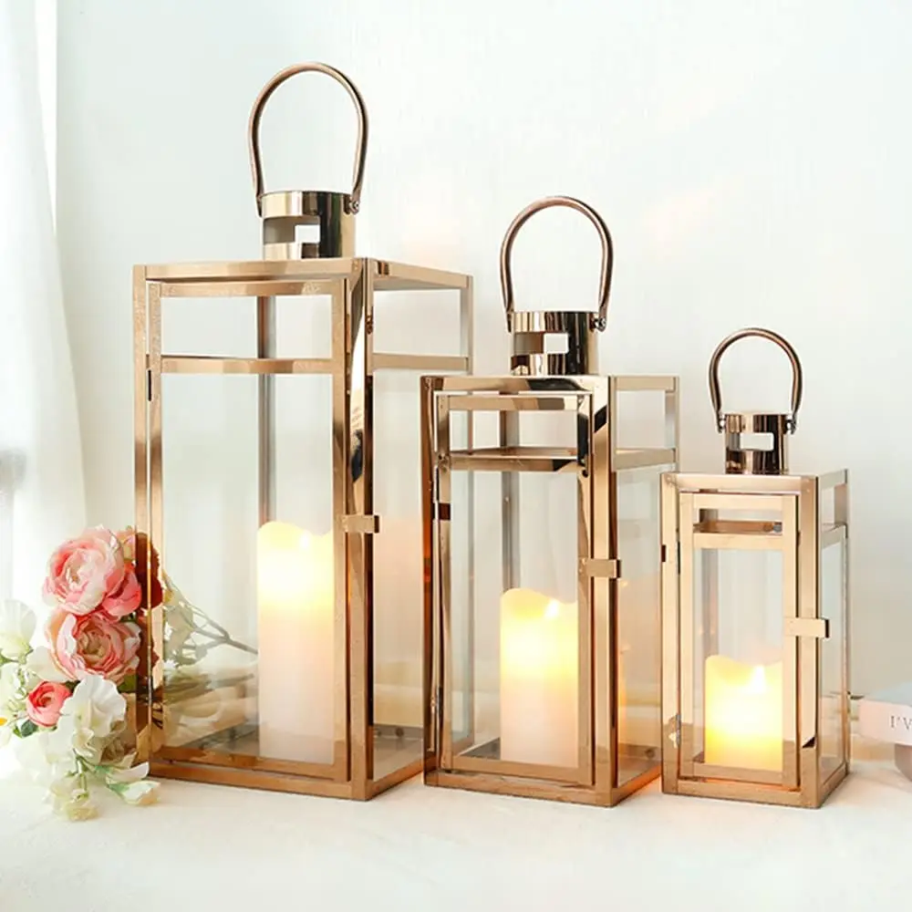 Set of 3 Stainless Steel Candle Lantern 19/15/12'' High Metal Candle Holder with Tempered Glass Panels Perfect for Home Decor