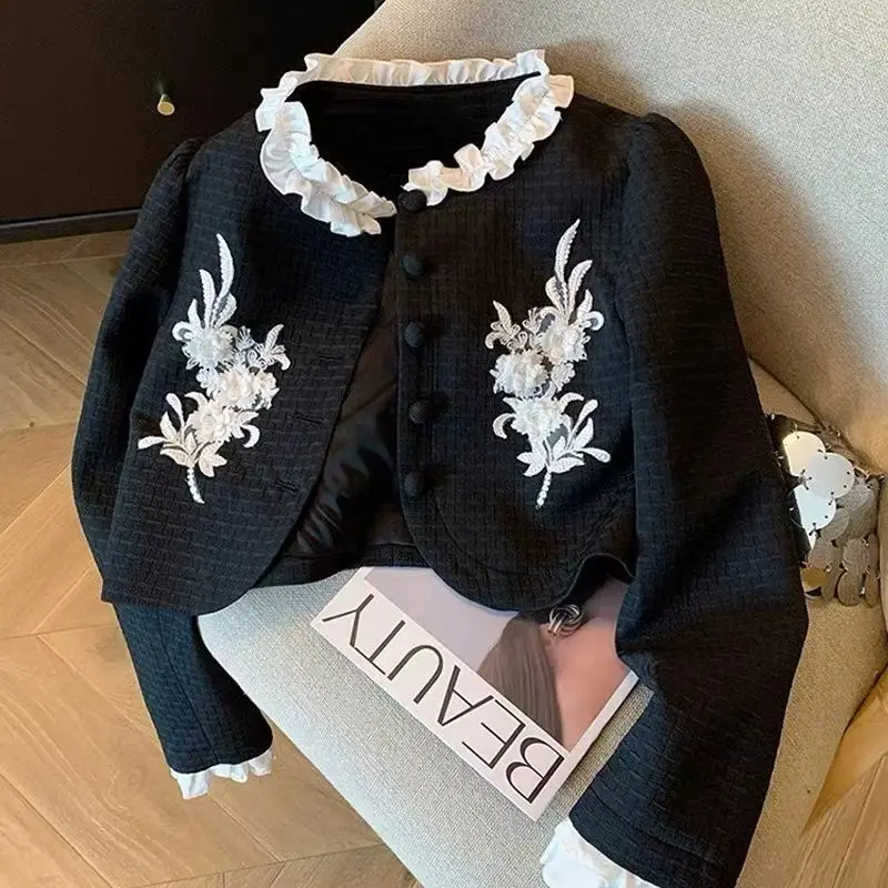 Pizzo di lusso 3D fiori diamanti blazer con ricamo in rilievo cappotto a vita alta papillon strass abiti giacca Cardigan top corti