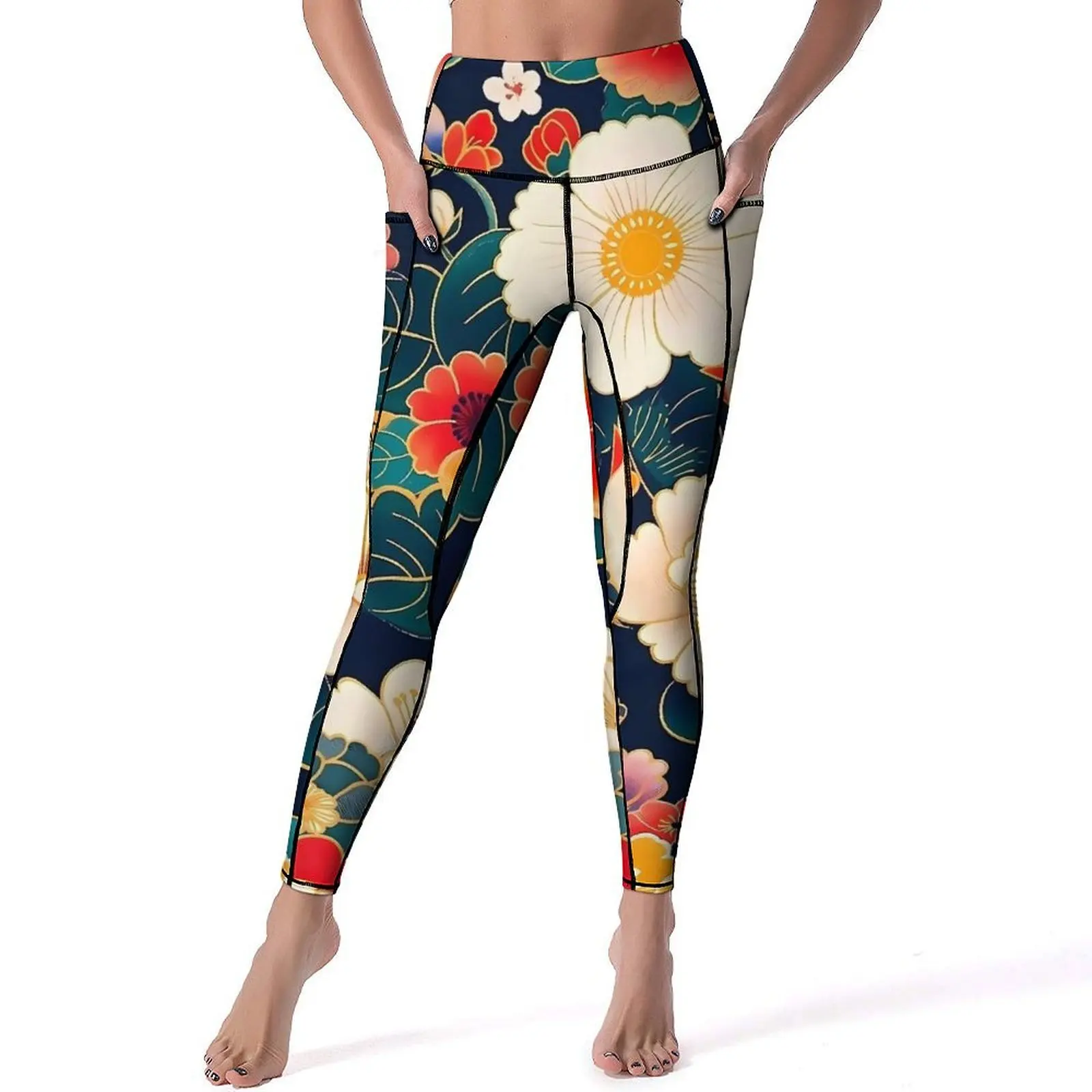 Japanische Kunst-Leggings, sexy Blumendruck, Fitness, Fitnessstudio, Yoga-Hose, Push-Up, schnell trocknende Sportstrumpfhose mit Taschen, niedliche grafische Leggins