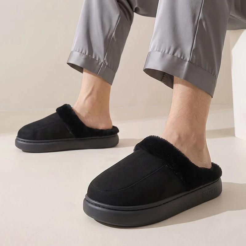 2026 Winter Thick Sole Suede Cotton Slippers Men Anti Slip Thicken Warm Fluffy Fur Home Slides Soft Sole Platform Plush Slippers
