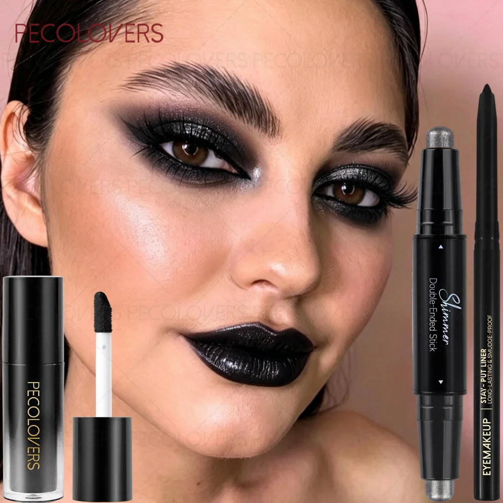 3PCS/SET Liquid Lipstick+Black Eyeliner+Shiny Eyeshadow Pen, Match to Create a Black Punk Makeup, Halloween/Parties, Charming