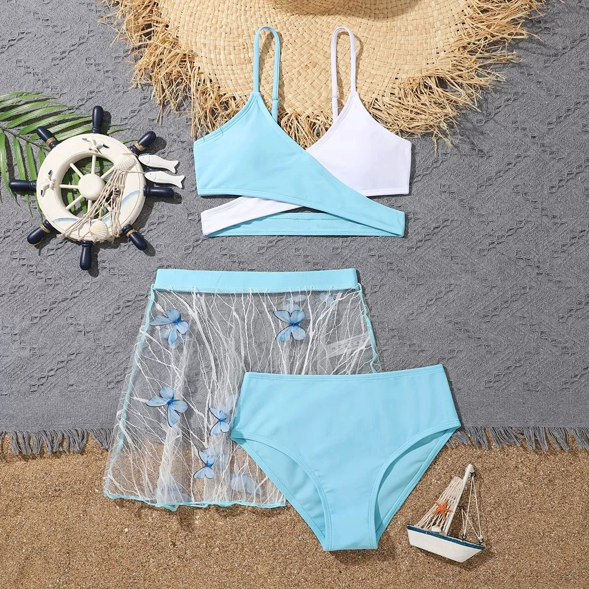

3 Pieces High Waist Bikini 2026 Girls Swimsuit & Beach Skirt Kids Swimwear Children Bathers Bathing Swimming Swim Suit Beachwear