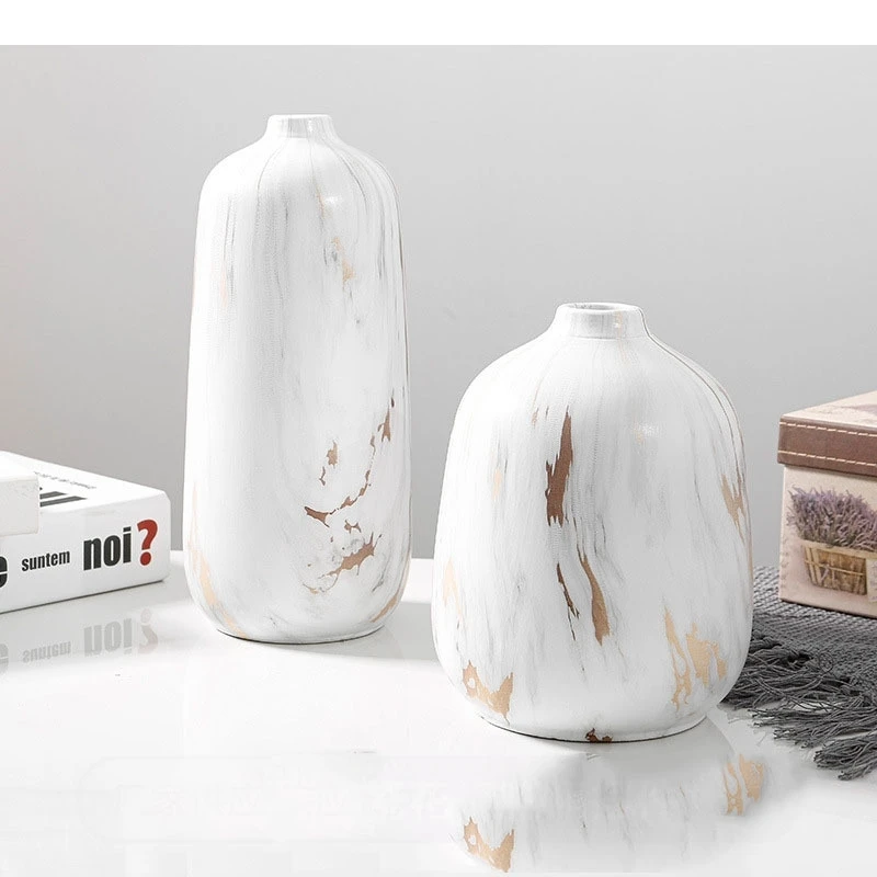 Gilded Marble Texture Cylinder Ceramic Vase Simple White Porcelain Flowers Arrangement Desk Decoration Modern Decor Flower Vases