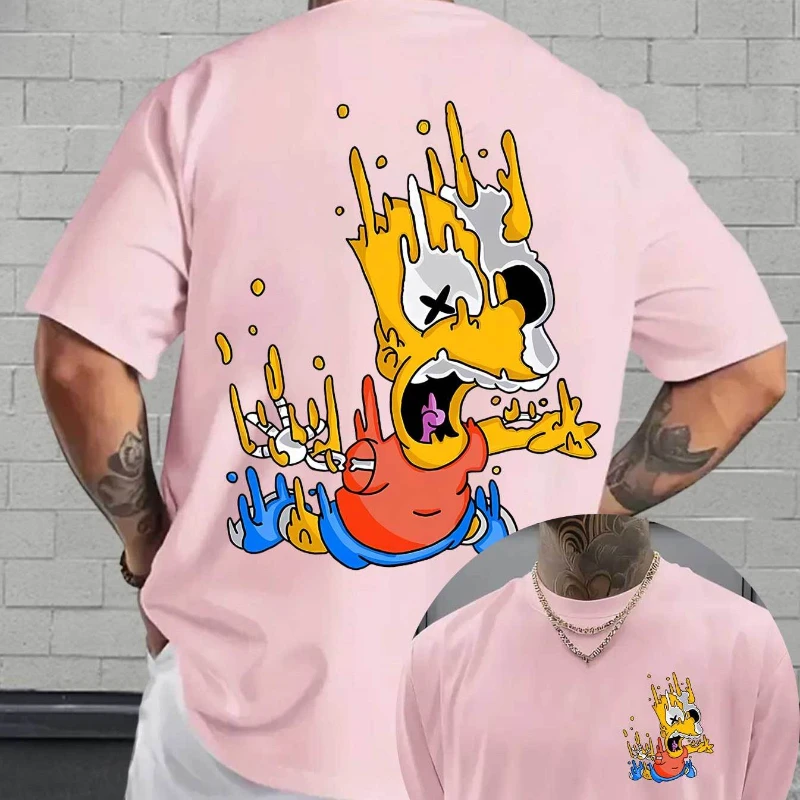 Summer Simpsons Pattern Casual Short-sleeved T-shirt with Cartoon Flame Explosion Print Design, Soft and Comfortable Top