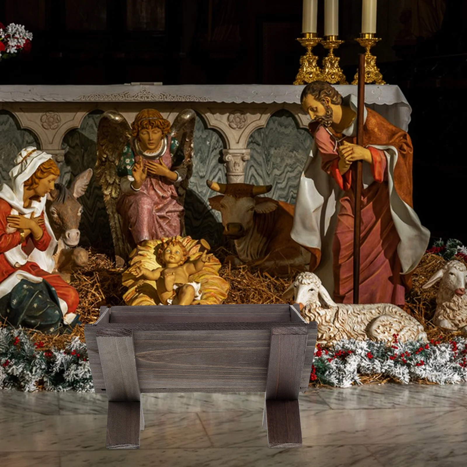 

Wooden Nativity Scene Christmas Manger Religious Decoration Featuring Jesus Rustic Wood Cradle for Church Holiday Decor