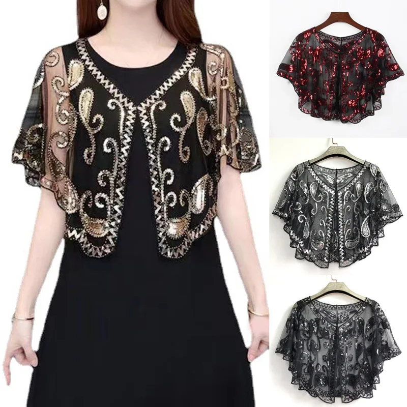 

1PC Vintage Beaded Sequins Flapper Cape Short Top Retro Shawl Party Accessories Mesh Bolero