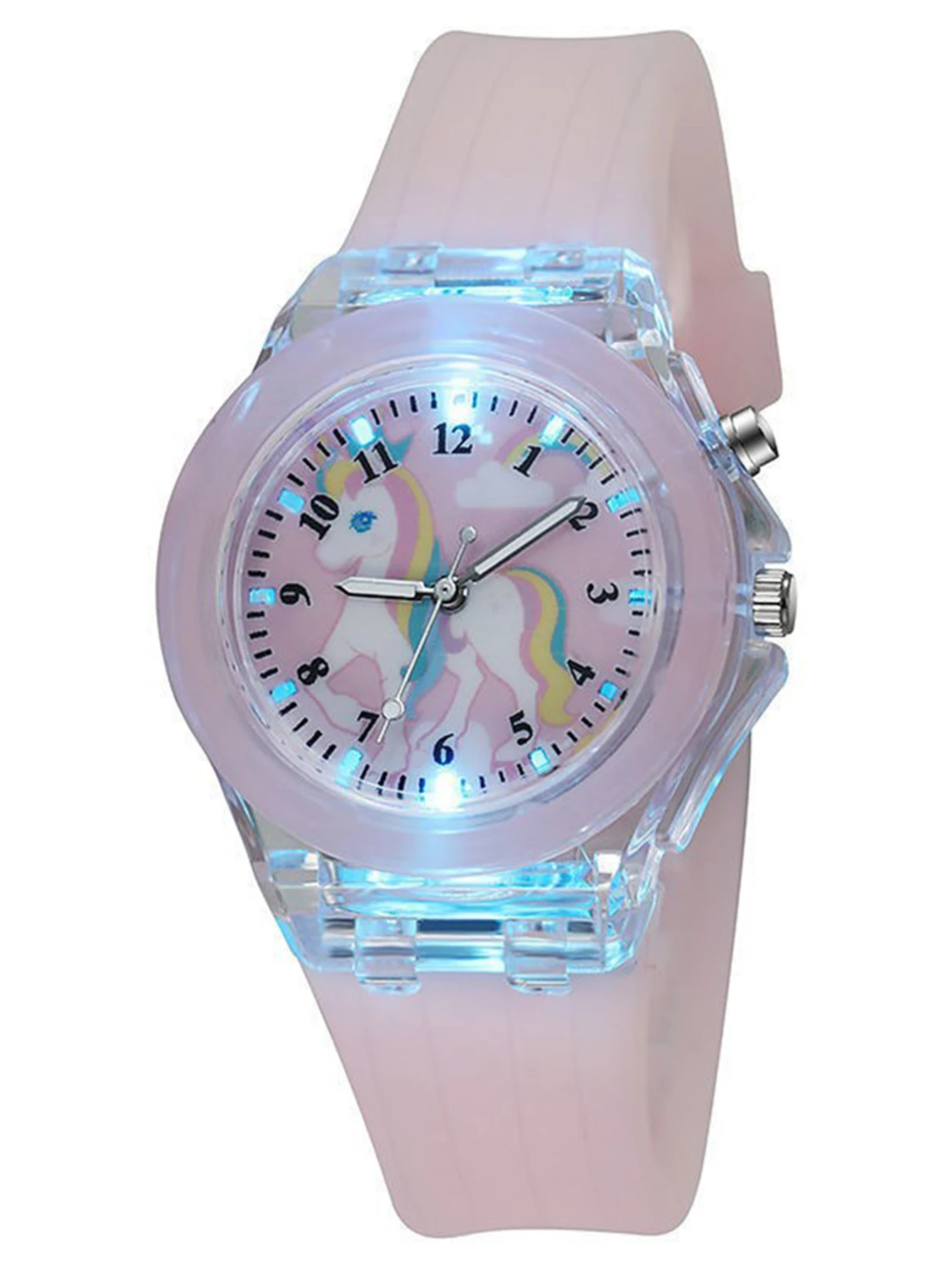 ساعة كوارتز متوهجة للأطفال، بحزام سيليكون ناعم وسوار وحيد القرن كساعة هدية للأطفال.