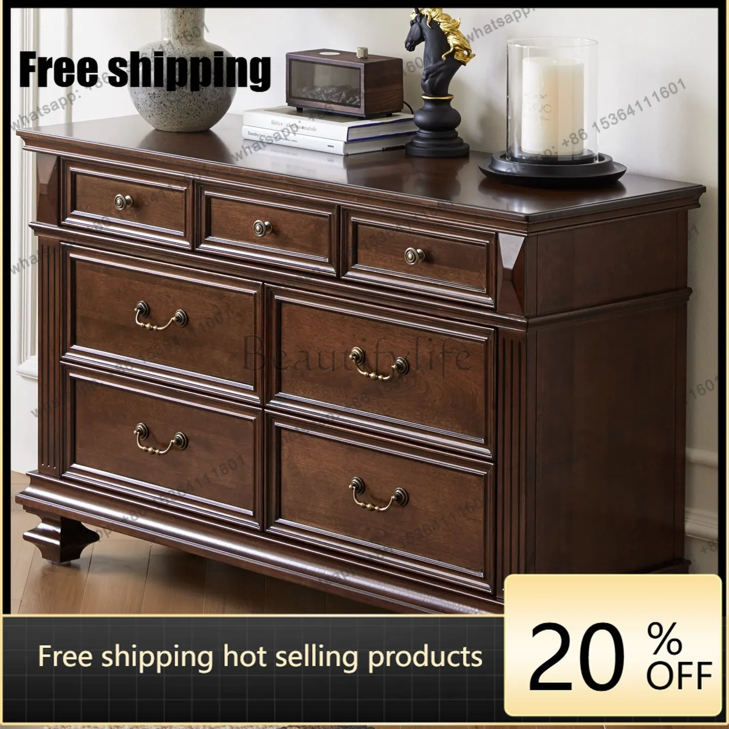 XX American all-solid wood bedside locker, bedroom storage cabinet