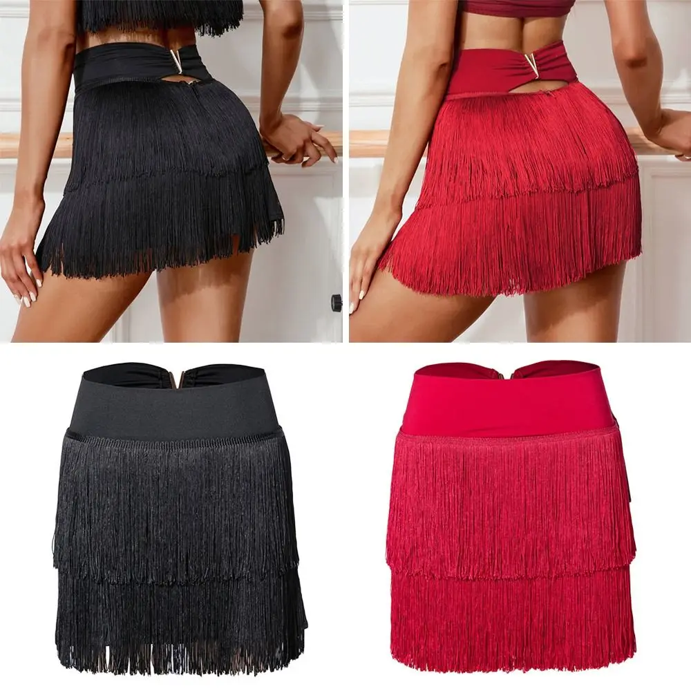 Tassel Latin Dance Skirt Double Layered Professional Rumba Dance Skirt Adjustable Stage Costume Performance Costume for Women