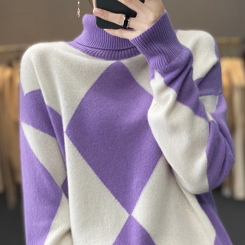 

100% Wool High Collar Cashmere Sweater Women's Knitted Splice Pullover Autumn and Winter New Loose Korean Fashion Women's Top