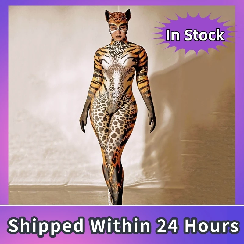 

Bar Nightclub Stage Dance Costume Halloween Cosplay Tiger Print Long Jumpsuit Performance Rave Outfit Female Gogo Costume JJ041