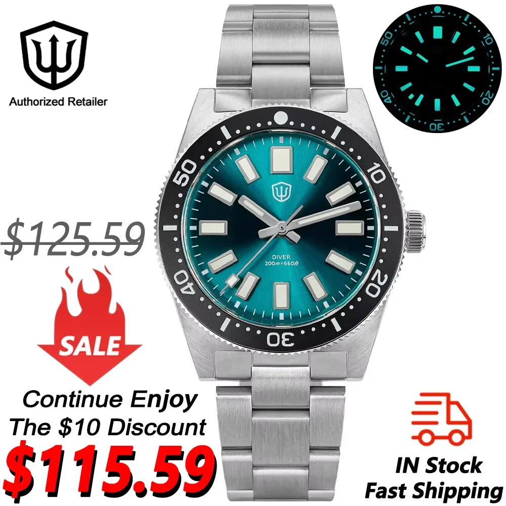 

Часы Watchdives WD1965 V2 VH31 с секундным механизмом, светящимся куполообразным сапфировым стеклом, 20 бар, водонепроницаемые, 38 мм, 62 рождественские часы