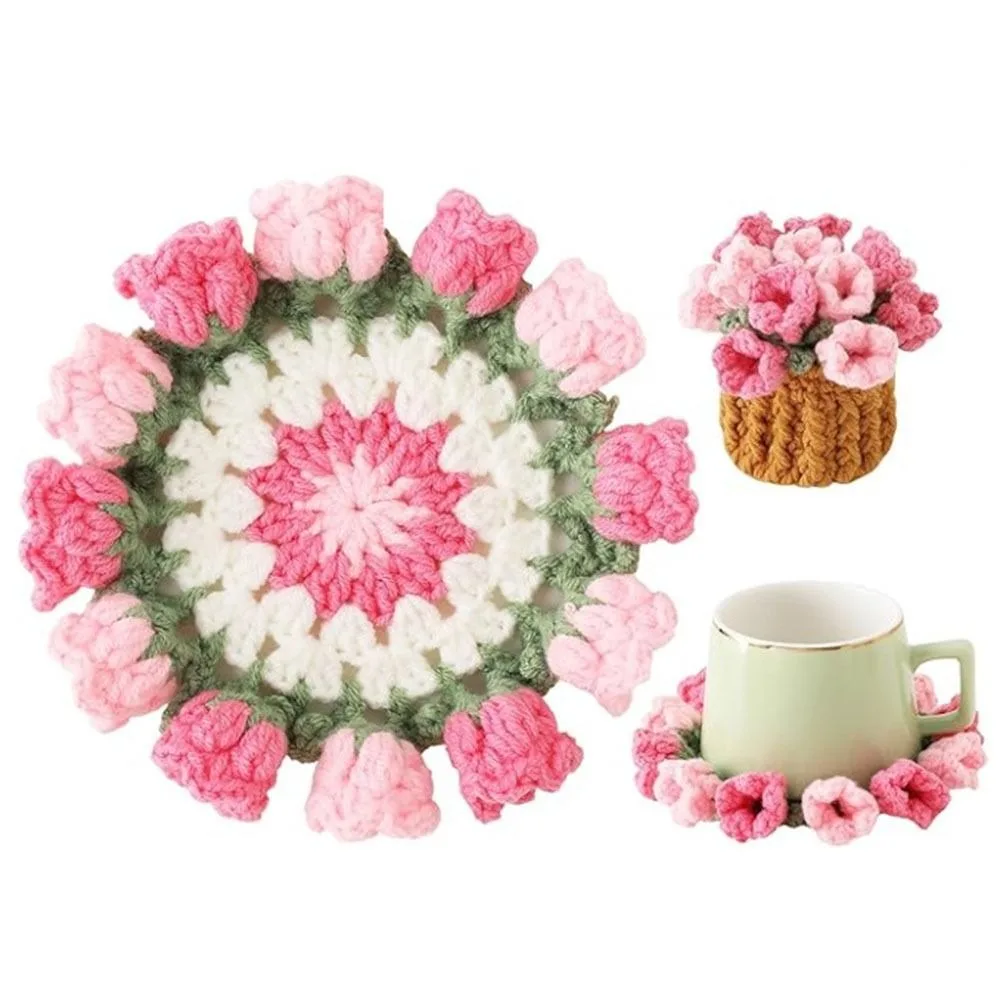 Handwoven Flower Bouquet Coasters Washable Heat Resistant Crochet Coasters Mini Cute Coffee Table Cupmat Mother's Day Gift
