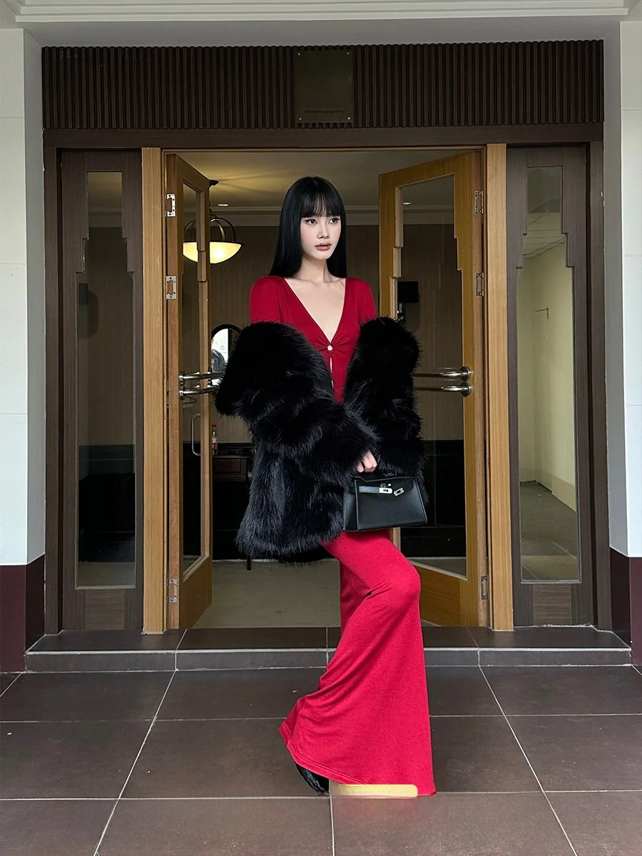 

Пальто Venuii с меховым воротником, женское, удлиненное, свободного кроя, зимнее, экологичное, модное, с плюшевым воротником, верхняя одежда