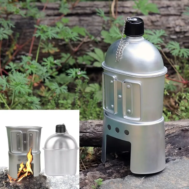 0.8L Military Cookware Set Aluminum Alloy Canteen Multi-Functional Water Bottle with Grab Handled Cup Green Canvas Molle Bags