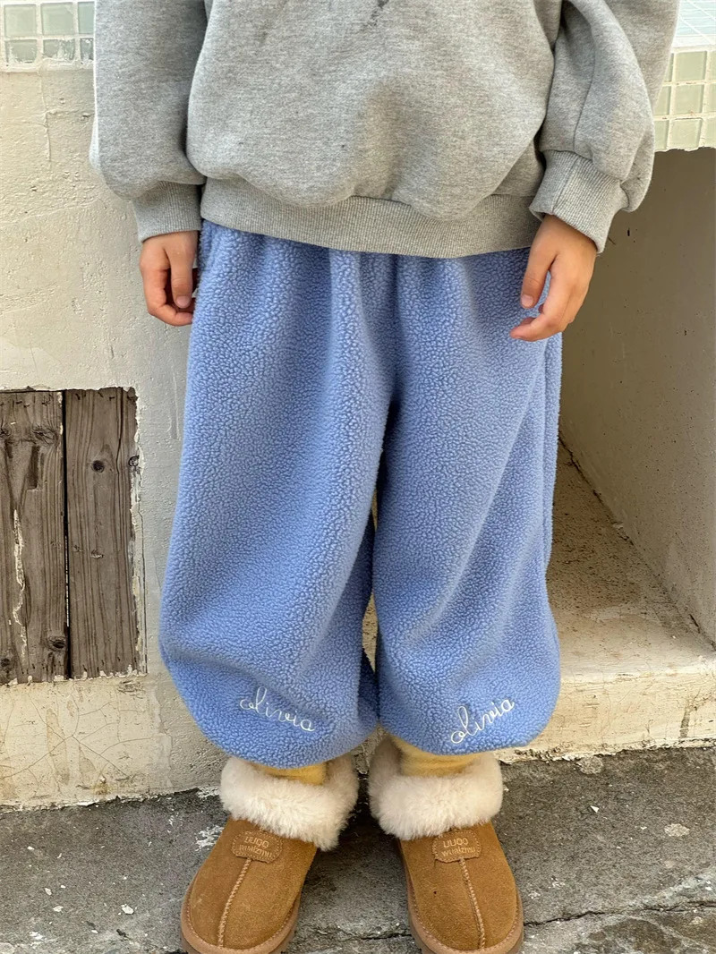 2024 Winter New Children Lamb Cashmere Warm Trousers Girls Plus Velvet Thick Casual Pants Kids Boys Embroidery Sweat Pants