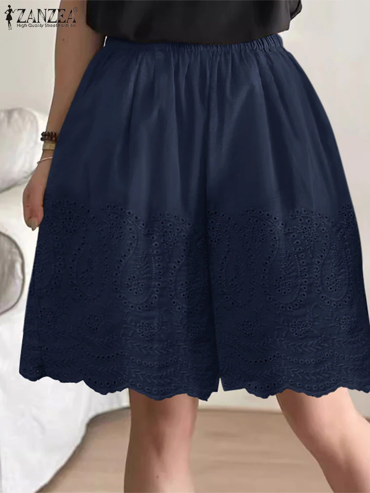 

Summer Bohemian Holiday Shorts ZANZEA Women Casual Elastic Waist Beach Shorts Vintage Embroidery Pantalon Loose Lace Trousers