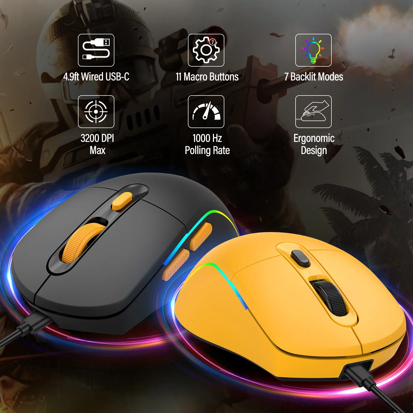 E‑YOOSEO USB‑C Wired Gaming Mouse Lightweight 3200DPI 1000Hz Polling Rate RGB Backlit 11 Macro Buttons Ergonomic Computer Mice