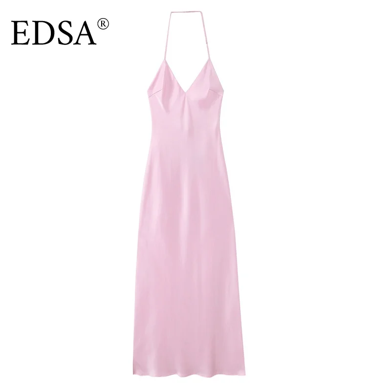 فستان EDSA نسائي متوسط الطول من الساتان الوردي مع أشرطة رسن رفيعة ورقبة على شكل حرف V وخصر عالٍ بدون ظهر للصيف للحفلات الطويلة