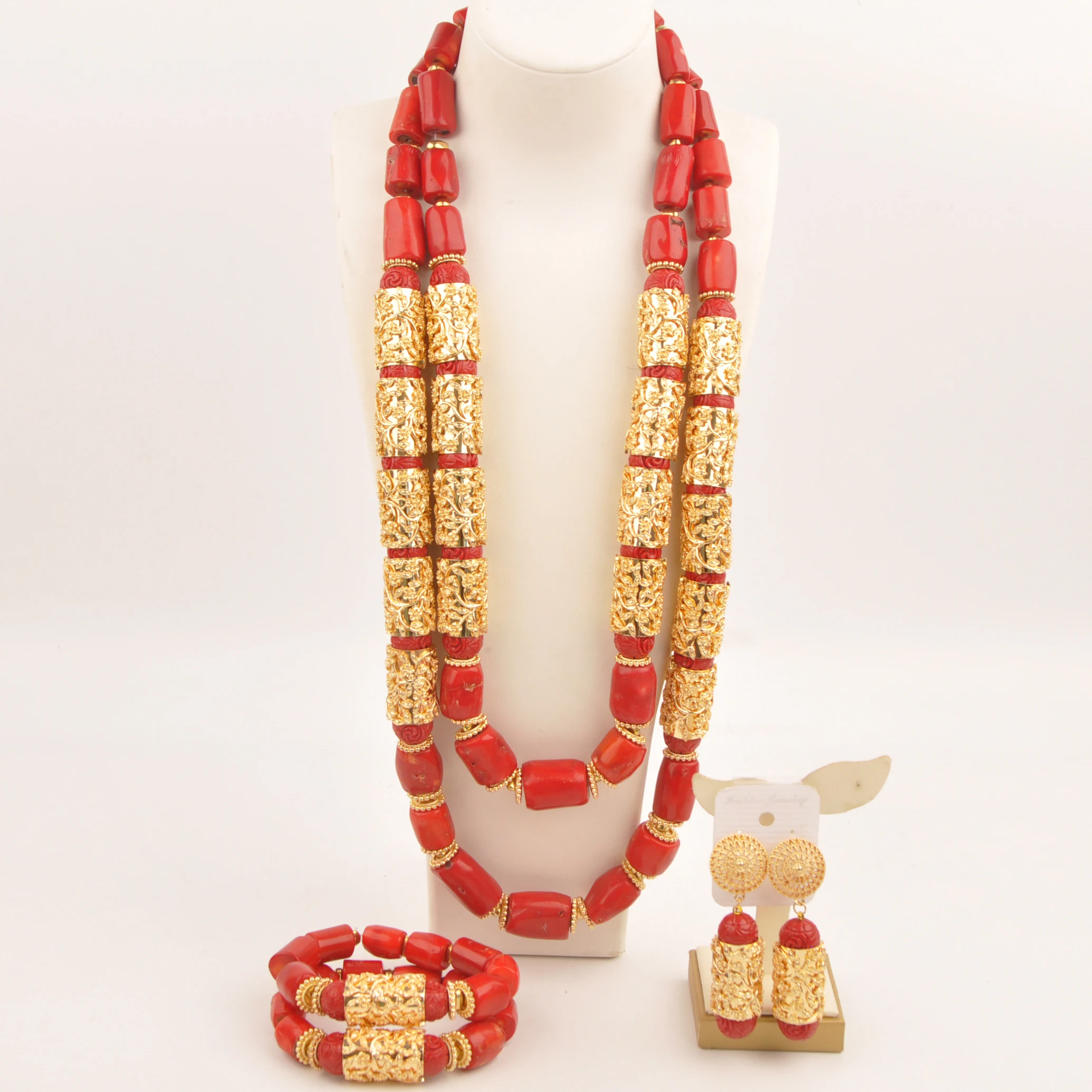 Real Red Coral Bead Necklace Nigerian Wedding African Bridal Jewelry Sets