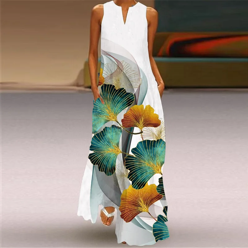 

Elegant Women's Maxi Dresses 2024 Summer Retro Print Dinner Style Long Dress V-neck Sexy Sleeveless Dress