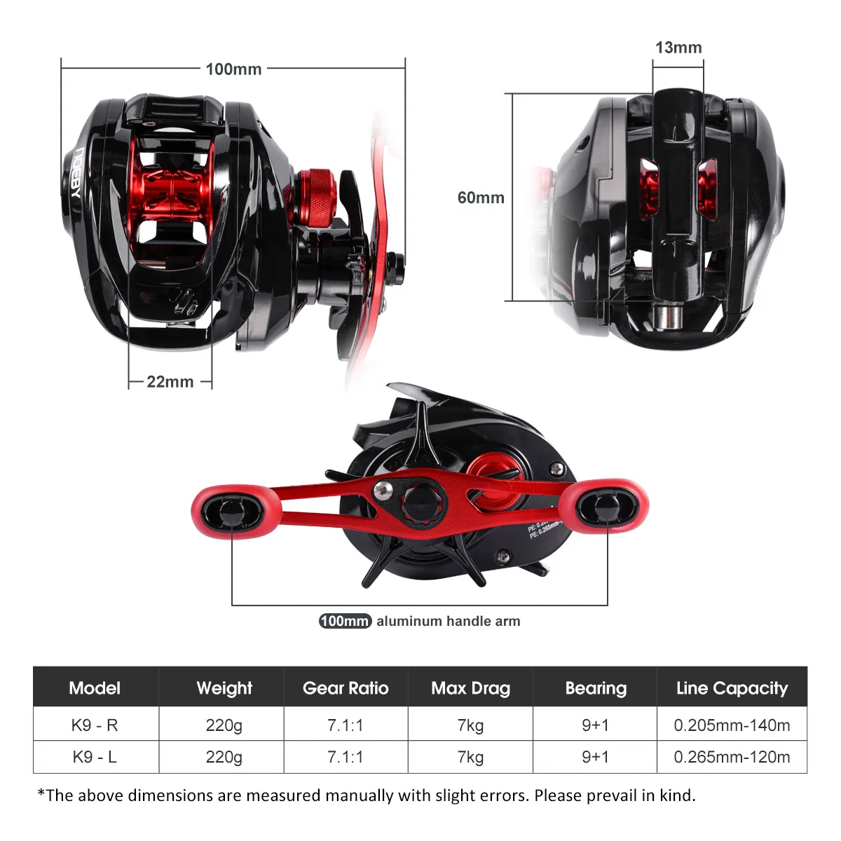 Noeby Baitcasting Fishing Reel K9 Low Profile Aluminum Frame 7.1:1 Gear Ratio Max 7kg Drag Bass Freshwater Sea Fishing Reels