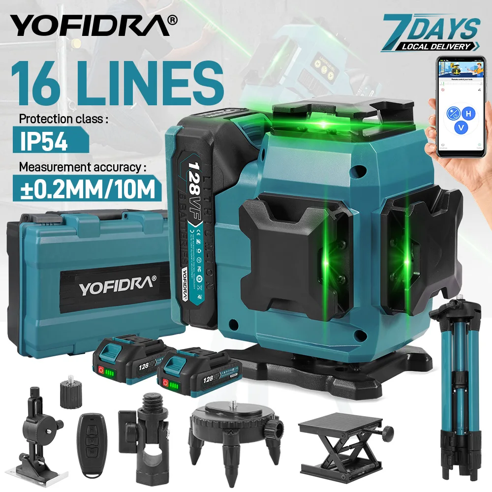 YOFIDRA 4D 16 Linien Ultra Leistungsstarker Grüner Strahl 360 °   Selbstnivellierende horizontale Lasernivelliergeräte mit 1-Meter-Stativ für Makita-Akkus