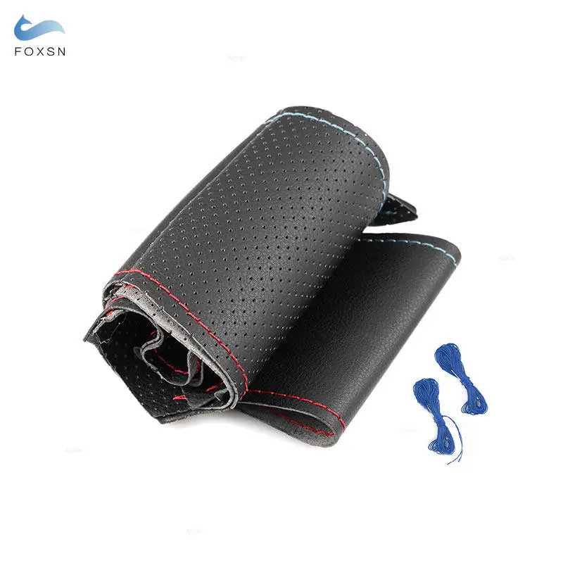 For BMW M Sport G20 G30 G31 G32 G11 G14 G15 G16 G01 G02 G05 G07 Car Steering Wheel Cover Black-red blue line Perforated Leather