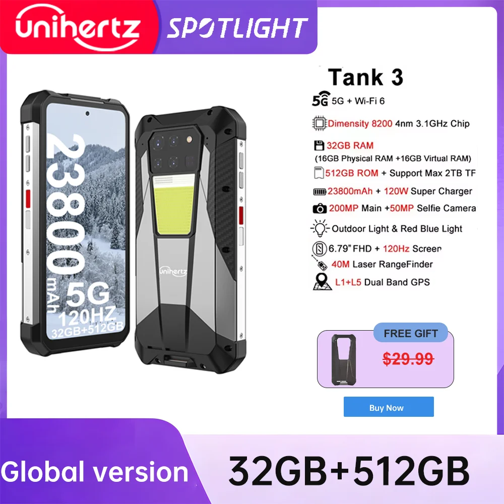 Unihertz 8849 Tank 3 Rugged Smartphone Android 14 23800mAh 5G Outdoor Cell Phone Unlocked 32GB +512GB Phone Dimensity 8200 CPU