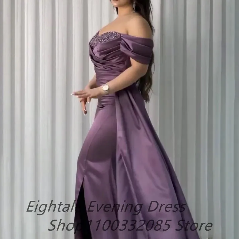 Customized Purple Mermaid Evening Dresses Pearls Beaded Sweetheart Neck Off Shoulder Slit Party Gown Fitted Arabic Prom Dress