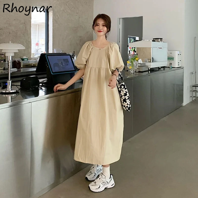 Dresses Women Solid Simple Tender New Summer Maxi Bow Students BF Puff Sleeve Adult Daily Loose Casual Vestido Feminino Friends