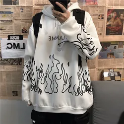 Autumn Loose Thorns  men women Retro Flame Print Hoodies Korean Version Bf Style Street Hip-hop Sweatshirt Plus Male