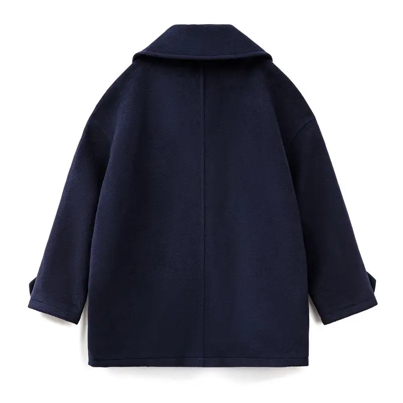 Women's Navy Double-Breasted Mid-Length Wool Coat