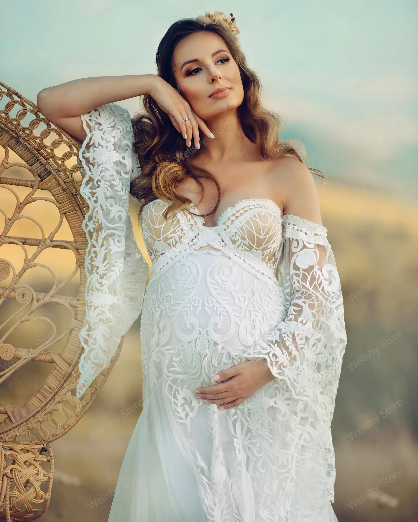 White Off Shoulders Bridal Tulle Dress Sweetheart Flare Sleeve Long Maternity Robes Lace Tulle Baby Shower Party Dresses For Pho