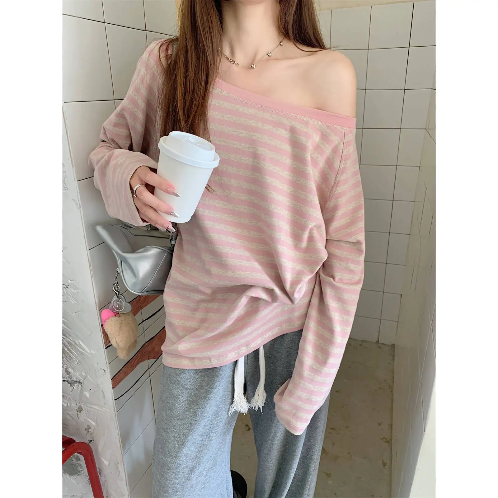 Shoulder Bared Long Sleeve Striped T-Shirt Women's Spring Autumn New Style Thin Loose Sun Protection Cover up Spicy Girl Top