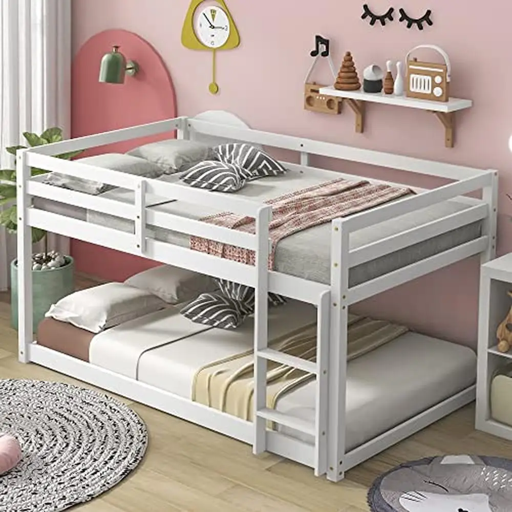 

Twin Over Twin Bunk Bed with Low Loft Design White Easy Assembly Guard Rail Pine Wood Structure