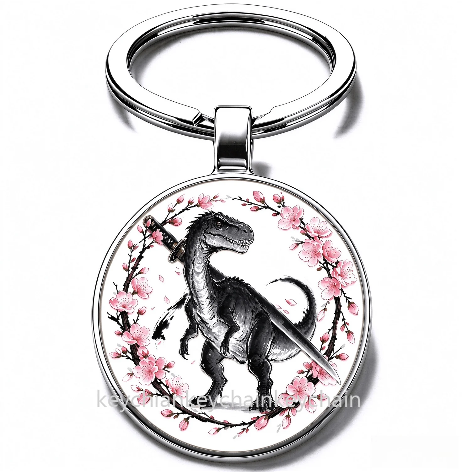 Japanese Dinosaur Cherry Blossom Katana Keychain Samurai Sword Sakura Wreath Key Ring Car Bag Pendant Men Gift