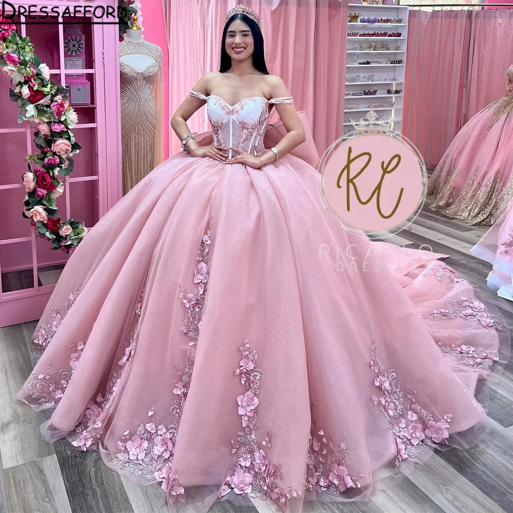 Romantic Pink Off The Shoulder Corset Mexican Quinceanera Dress 2024 Ball Gown Prom Party Gown Appliques Lace Vestido De XV Anos