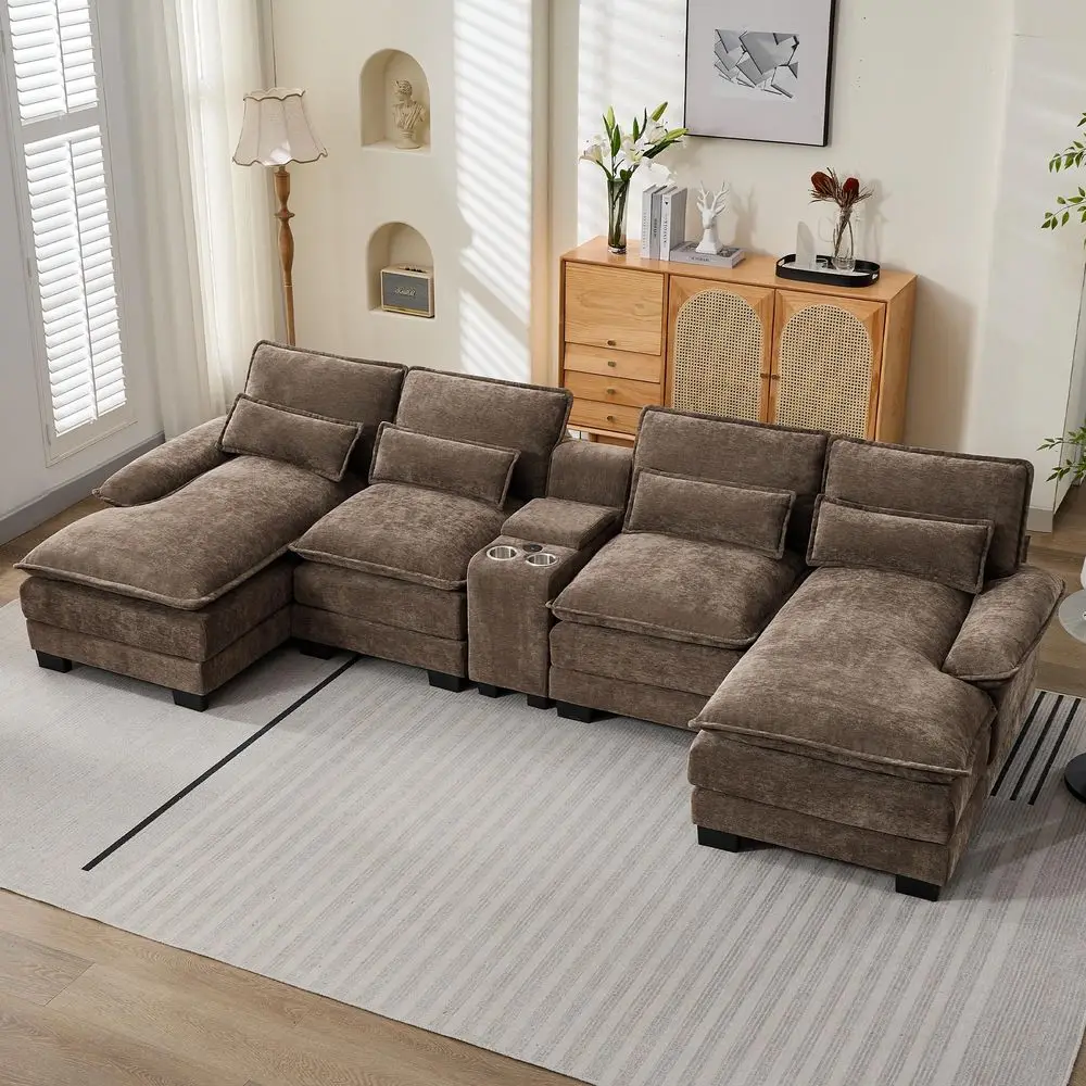 

U Shaped Modular Cloud Couch, Small Deep Seat Sectional Sofa with Center Storage Console, USB Ports amp Cup Holders, Comfy Couc