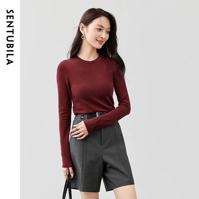 SENTUBILA Women's Top Solid Color O-Neck Long Sleeve Base Layer Lined Thickened Inner Wear Worn Outside Casual Clothes 144S57357