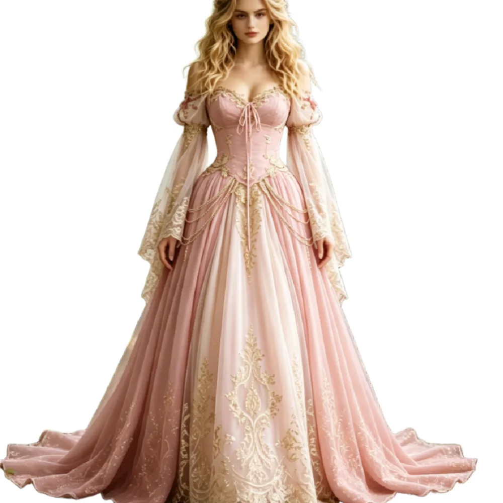 Enchanted Forest Pink Wedding Dress 2026 Off Shoulder Victorian Bell Sleeve Bridal Gowns Gold Lace Renaissance Whimsigoth Chic