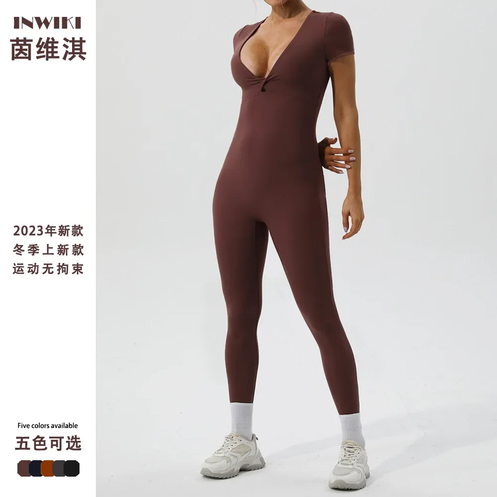 

Sexy Nude Short Sleeve Yoga Jumpsuit Women's Sports Fitness Training Dance Jumpsuit Skinny