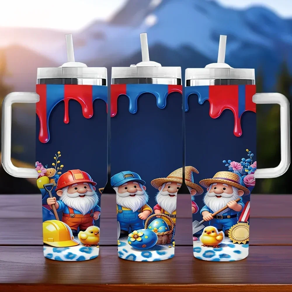 40oz Tumbler with Handle Features Cute Cartoon Gnome Print, It Offers Long Lasting Insulation, Ideal As Holiday And Birthday Gift for All Ages for Daily Use In Indoor And Outdoor Scenes