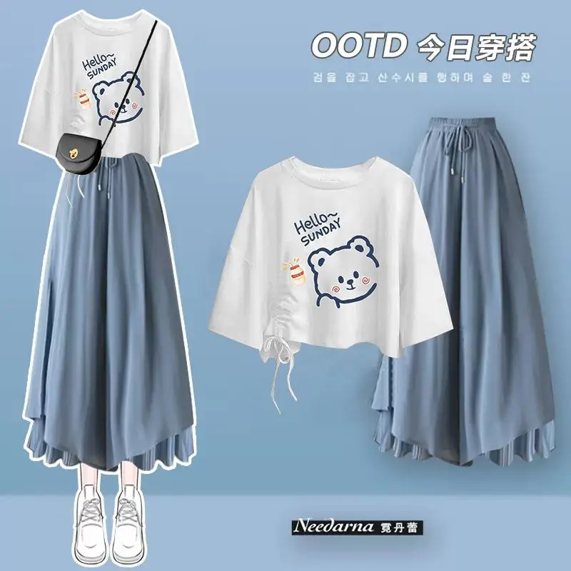 2025 Zomer Nieuwe Broek Rok Pak voor Vrouwelijke Studenten Koreaanse Losse T-shirt met korte mouwen + Casual Wijde broek Tweedelige set